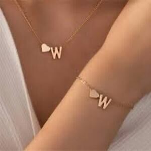 NWT personalized letter initial gold necklace and bracelet set LETTER W